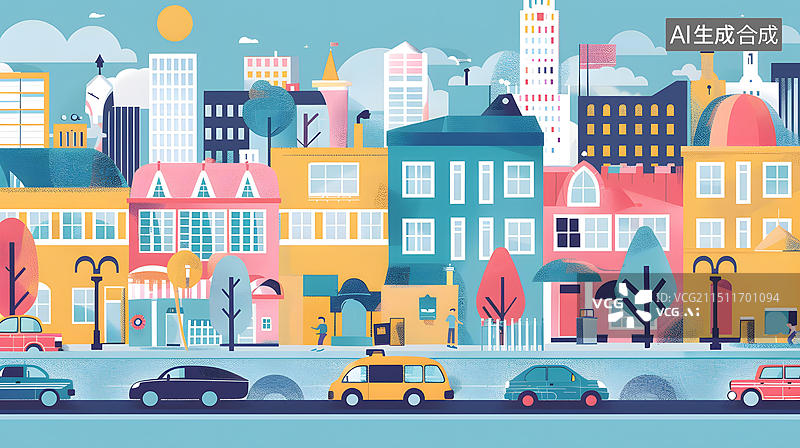 【AI数字艺术】多彩的城市景观插画，包含建筑、汽车和人物图片素材