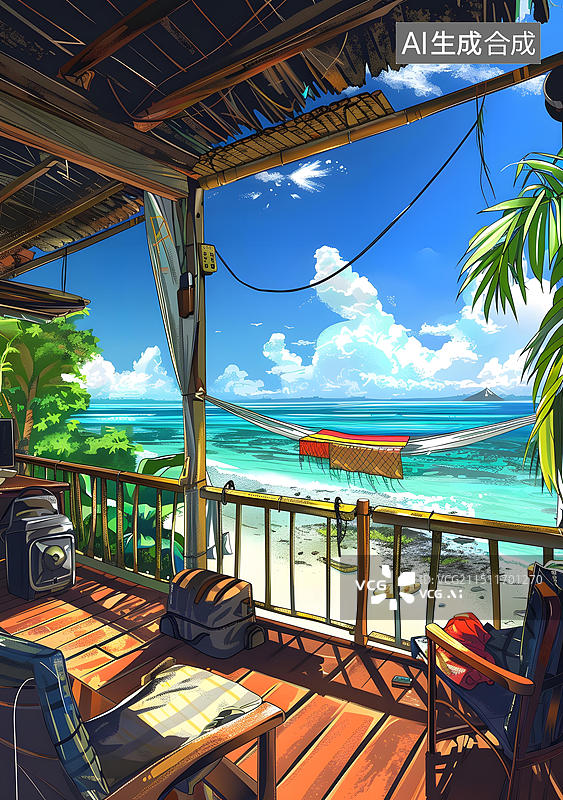 【AI数字艺术】热带海滩小屋，吊床和海景图片素材