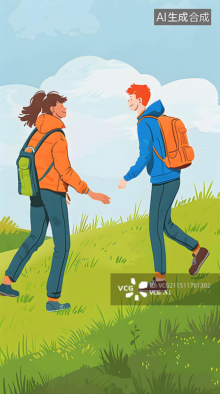 【AI数字艺术】户外徒步旅行的插画图片素材