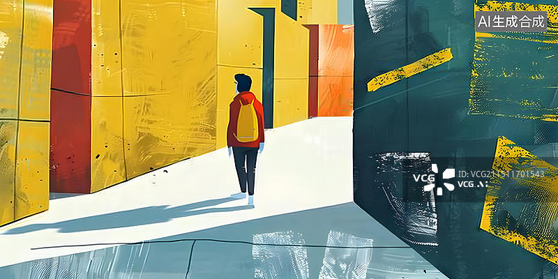 【AI数字艺术】抽象城市景观中行走的男人图片素材