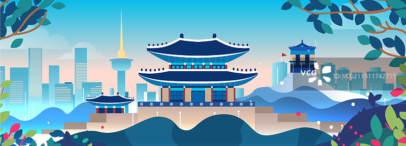 亚洲传统建筑与现代城市景观图片素材