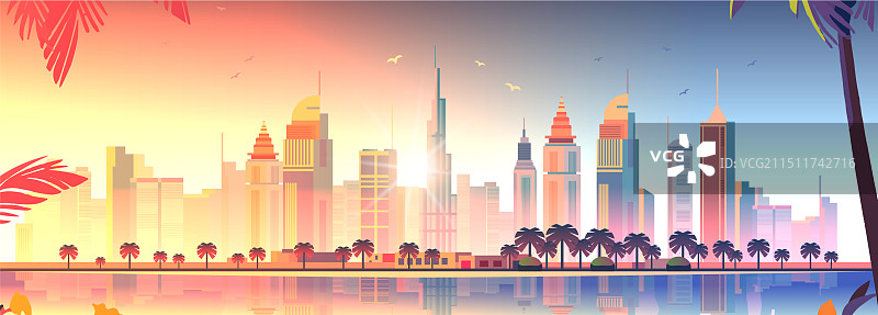 现代城市天际线日落棕榈树摩天大楼图片素材