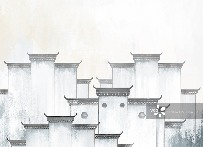 手绘中国风烟雨江南水乡徽派建筑图片素材