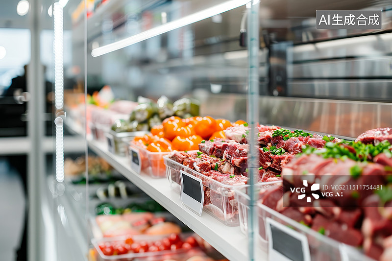 【AI数字艺术】超市新鲜肉类和蔬菜展示图片素材