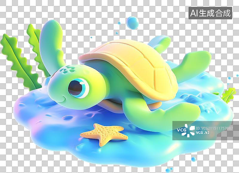 【AI数字艺术】海水海草一只可爱的海龟三维插画图片素材