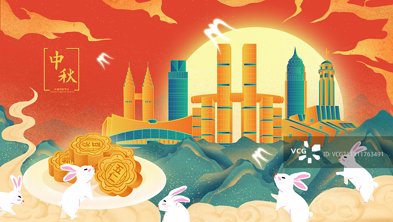 重庆传统节日中秋节玉兔月饼中国风城市图片素材