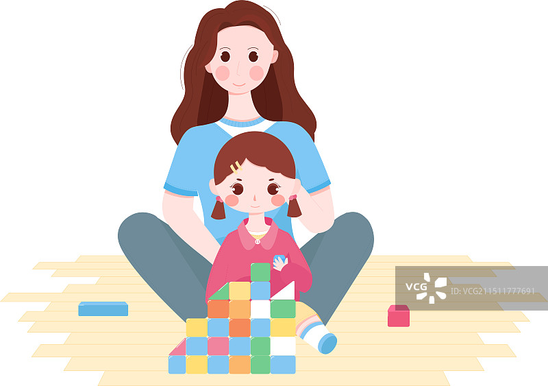 在家陪伴孩子玩积木的母亲图片素材