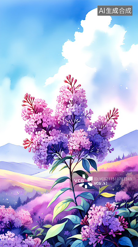 【AI数字艺术】水彩插画 原野上的紫色的树图片素材