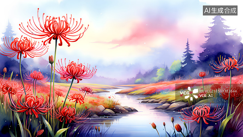 【AI数字艺术】水彩插画 河岸边盛开的红色彼岸花图片素材