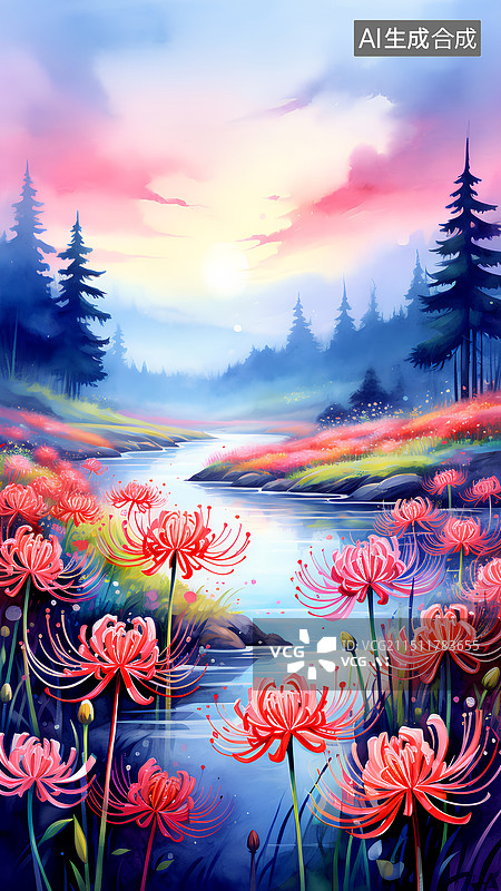 【AI数字艺术】水彩插画 河岸边盛开的红色彼岸花图片素材