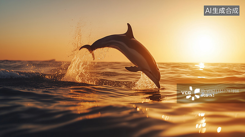 【AI数字艺术】海豚在金色夕阳中的自由飞跃图片素材