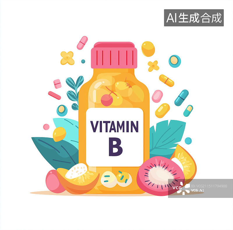 【AI数字艺术】维生素B药瓶，补充维生素概念图片素材