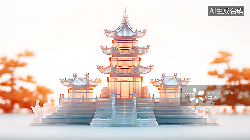 【AI数字艺术】3d透明琉璃水晶质感中式建筑图片素材