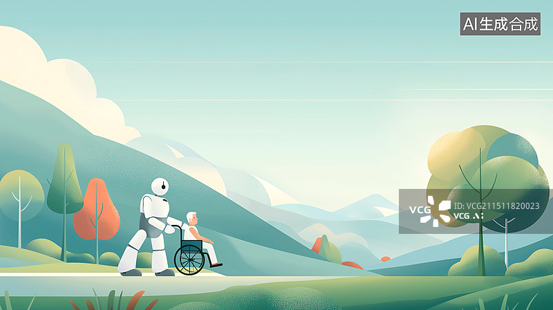 【AI数字艺术】养老主题插画——一个机器人推着老人的轮椅在公园里散步图片素材