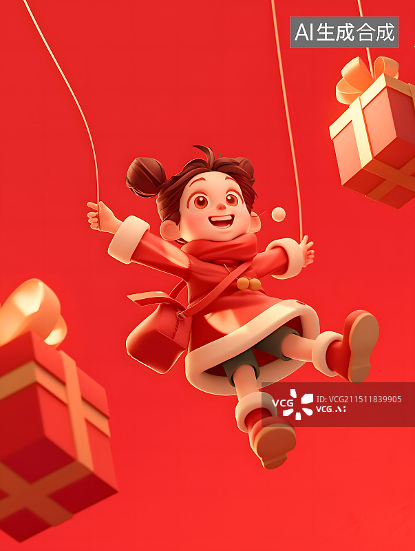 【AI数字艺术】3d 礼物盒 春节 庆典 喜庆 新年 孩子 庆祝  跳跃图片素材