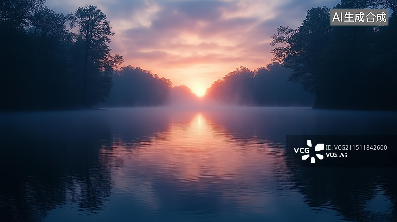 【AI数字艺术】湖边日出时分雾气飘飘的风光图片图片素材