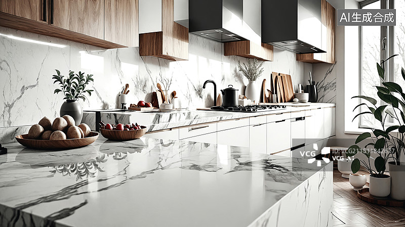 【AI数字艺术】现代厨房中的大理石台面与植物装饰图片素材