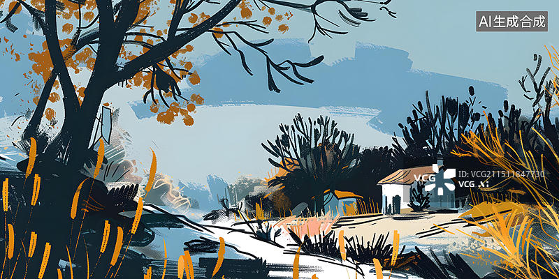 【AI数字艺术】水彩手绘抽象风景画房屋图片素材