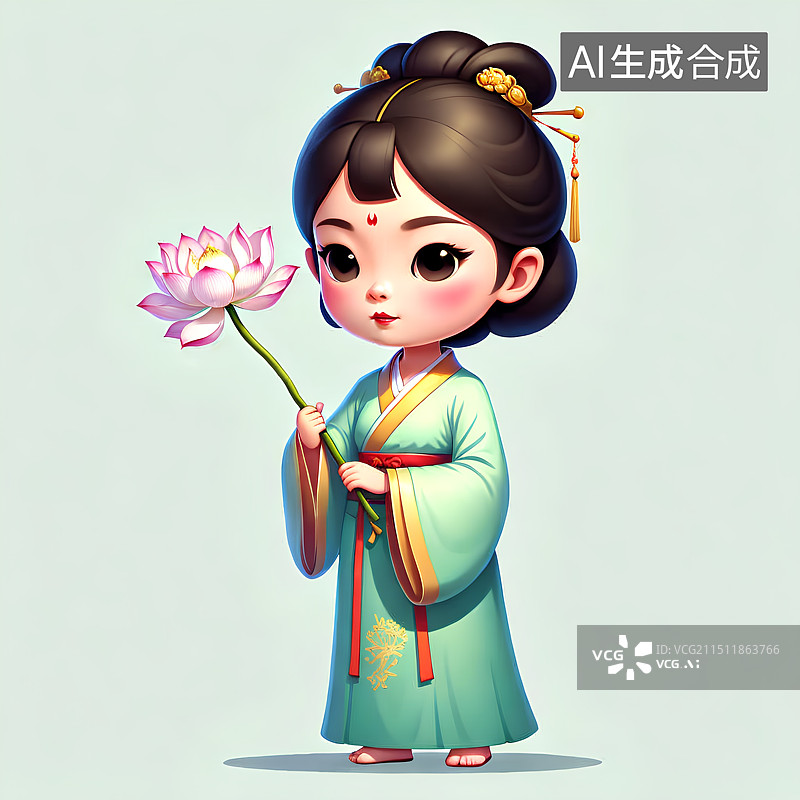 【AI数字艺术】3D渲染古风Q版人物，采莲少女，荷花荷叶莲蓬，汉服，古装，传统服饰，传统节日，夏天节气，大暑，处暑图片素材