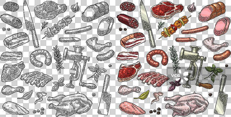 肉制品和厨房设备复古组合图片素材