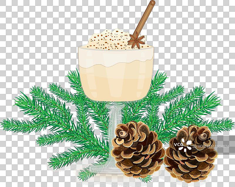 蛋奶酒、松果、树枝和白色背景图片素材