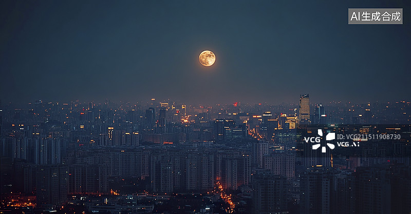 【AI数字艺术】中秋节月亮挂在城市天际线团圆图片素材