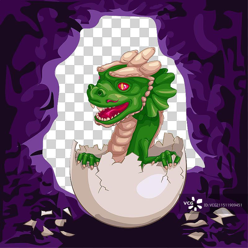 洞穴中从蛋中孵出的绿色木制龙图片素材