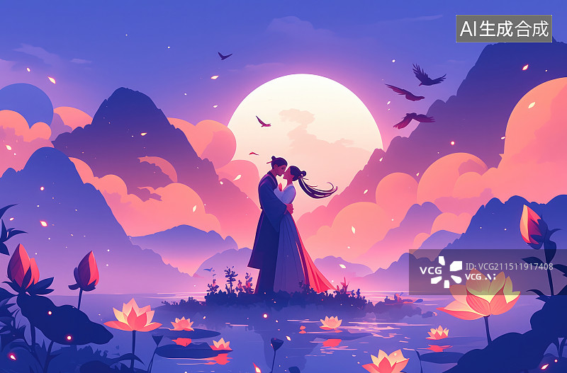 【AI数字艺术】七夕古风人物牛郎织女插画图片素材