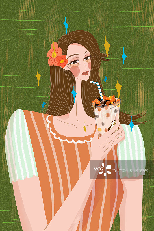 时尚女性吃珍珠奶茶插画图片素材