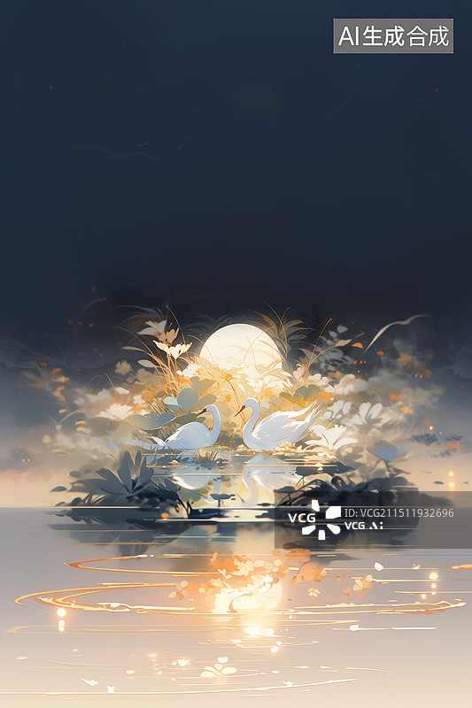 【AI数字艺术】花好月圆中秋节插画 仙鹤在湖边花丛旁边嬉戏 鸟类栖息地插画 古风诗词背景 湖面升起满月 竖版图片素材