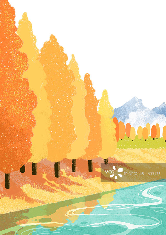 秋天河边树林节气手绘插画背景图片素材
