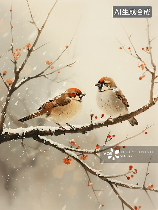【AI数字艺术】二十四节气系列插画-冬天-大寒 中国风雪中盛开的梅花枝头上的两只小鸟 自然风景画 竖版图片素材