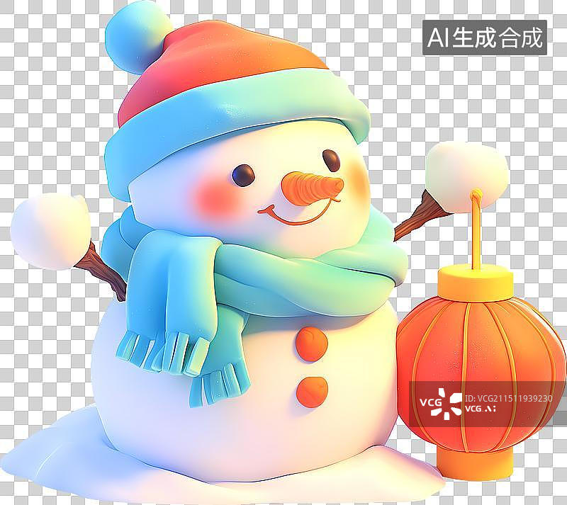 【AI数字艺术】带着围巾帽子的雪人拿着红灯笼春节三维插画图片素材