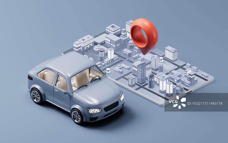 小汽车与手机上的城市三维渲染图片素材