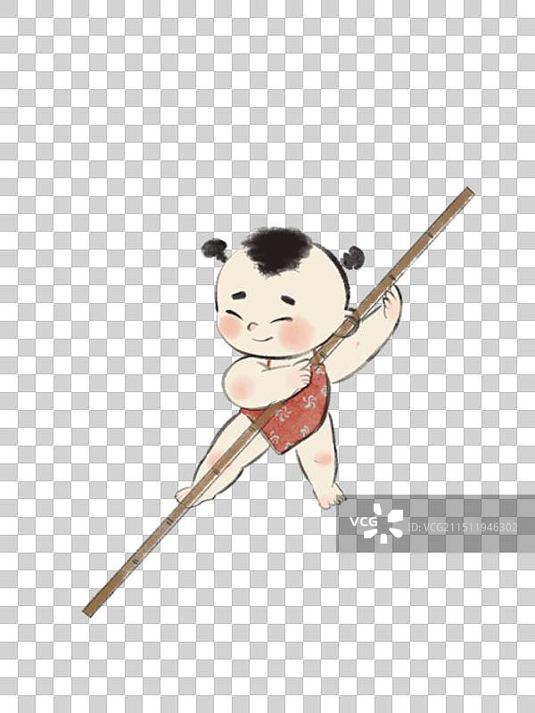 水墨风穿肚兜的小娃撑杆图片素材
