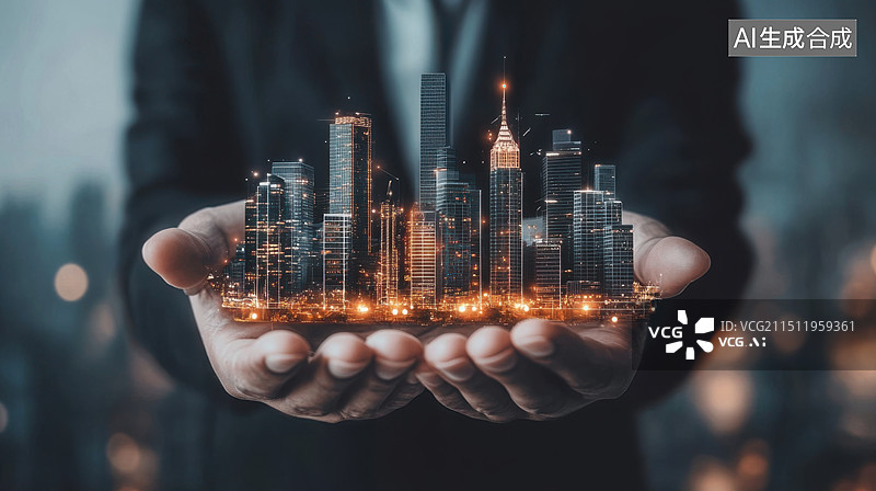 【AI数字艺术】手捧着科幻城市建筑群插画图片素材