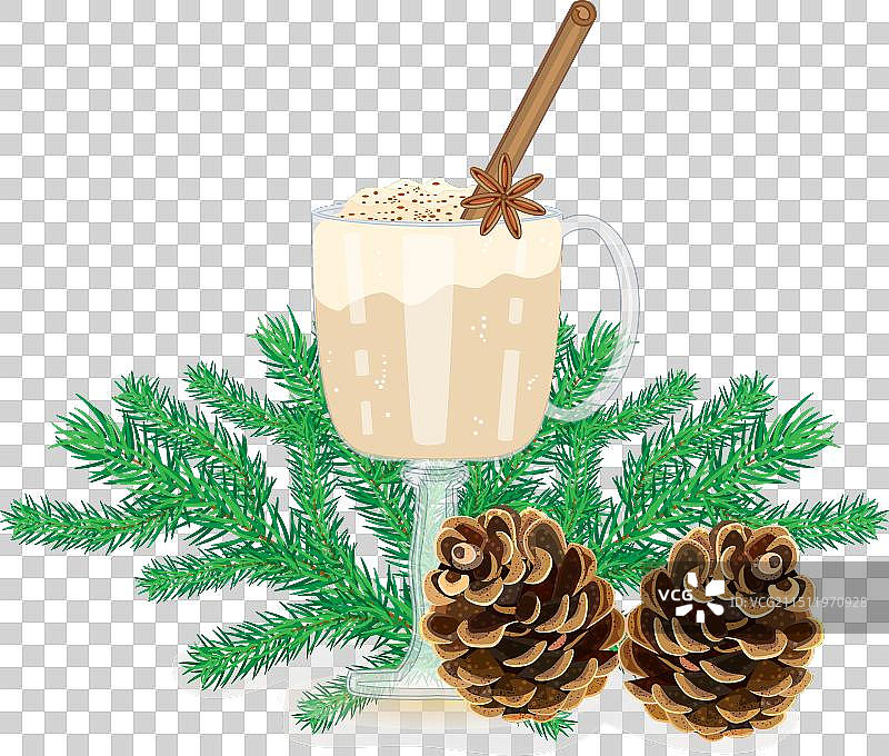蛋奶酒、松果、树枝和白色背景图片素材