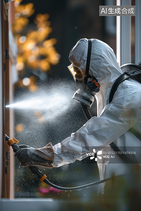 【AI数字艺术】穿着防护服的人正在喷洒消毒水图片素材