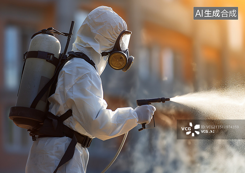 【AI数字艺术】穿着防护服的人正在喷洒消毒水图片素材