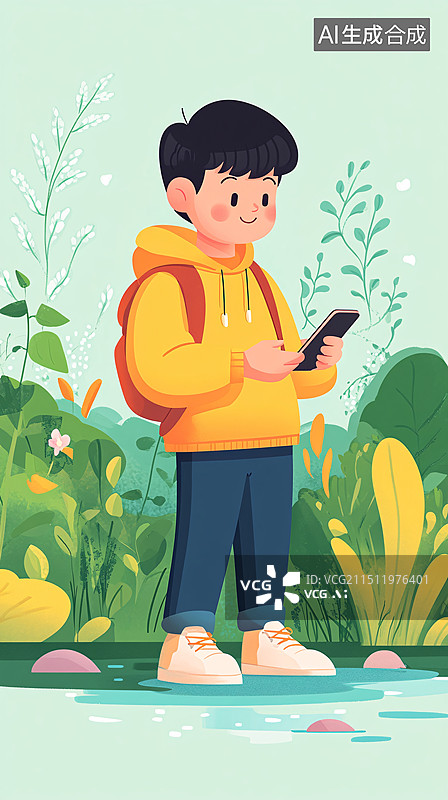 【AI数字艺术】儿童节小孩玩手机童年休闲娱乐生活场景插画图片素材