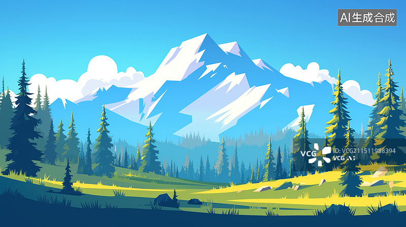 【AI数字艺术】高山森林自然风光插画图片素材