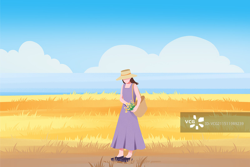 秋天女孩户外风景金黄色的草原公园图片素材