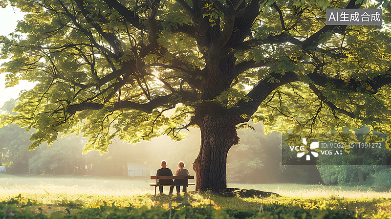 【AI数字艺术】AIGC：公园大树下的长椅坐着的老年人，重阳节，养老。背景插图图片素材