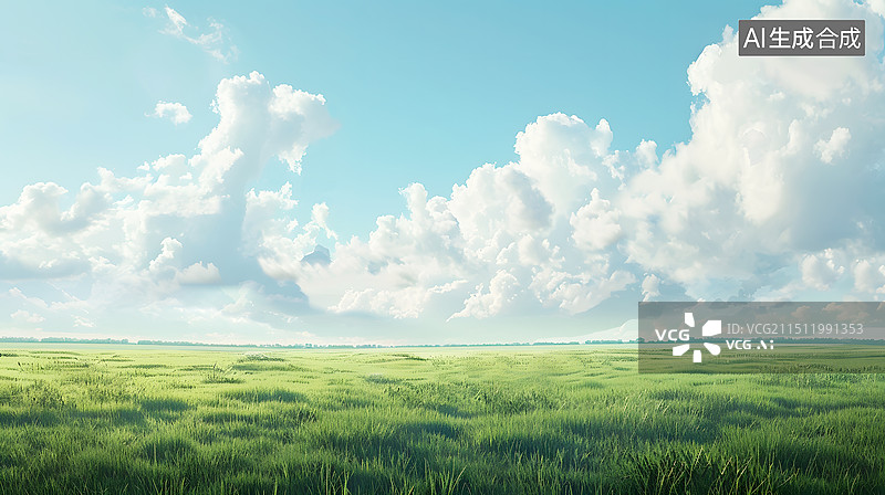 【AI数字艺术】AIGC：蓝天白云下的草地，背景壁纸海报插图图片素材