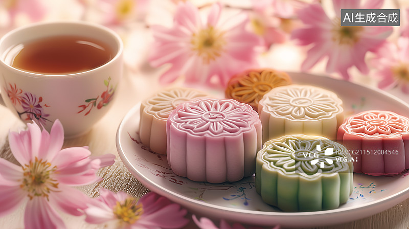【AI数字艺术】餐桌上的彩色月饼下午茶图片素材