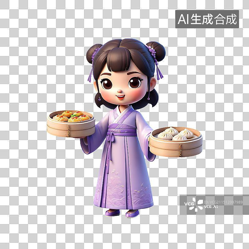 【AI数字艺术】3D渲染古风Q版人物，拿着广式早茶美食小吃的少女，面点，茶点，小笼包，汉服，古装，传统服饰，节日图片素材