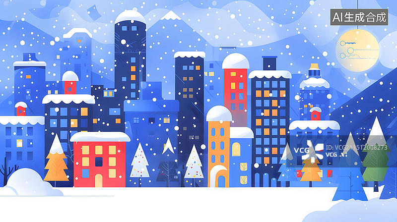 【AI数字艺术】冬日雪景城市建筑插画图片素材