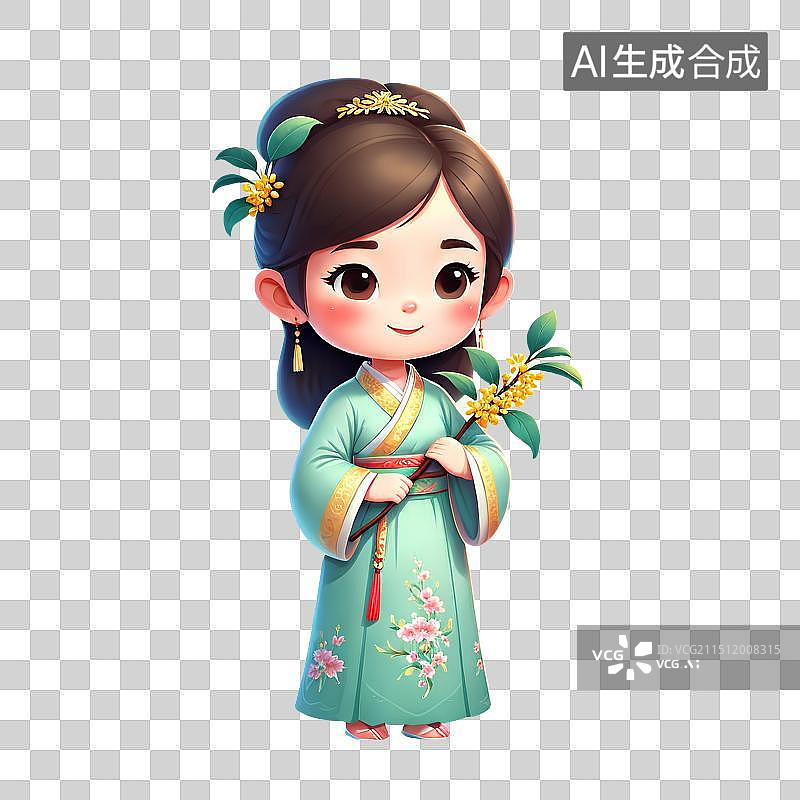 【AI数字艺术】3D渲染古风Q版人物，拿着桂花的少女，汉服，古装，传统服饰，中秋节，传统节日，立秋，处暑，秋分，免抠图片素材