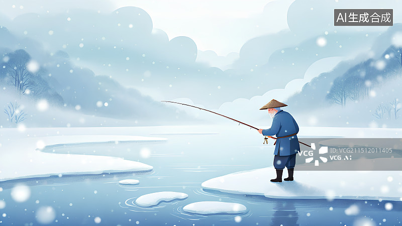 【AI数字艺术】中国风手绘插画，独钓寒江雪，一个渔翁在寒冷的冰天雪地里钓鱼，冬天，白雪皑皑，立冬，大寒图片素材