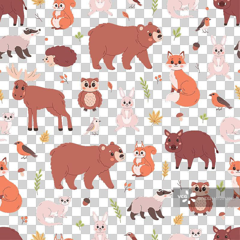 森林动物无缝图案，林地鸟类图片素材